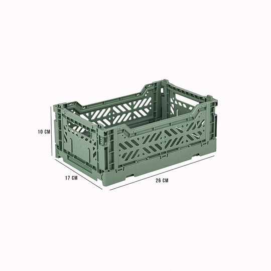 Dimensions for Mini Almond Green Folding Crate from Aykasa. This crate is made from 100% recyclable material and can be folded flat when not in use. It's perfect for holding books, toys, clothes, or anything else you want to organise.
