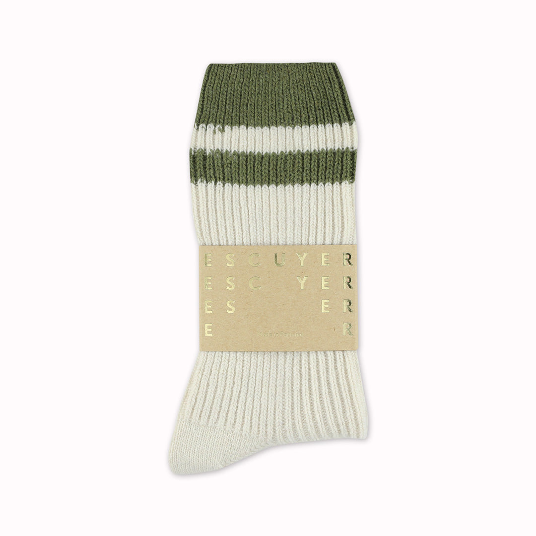Cashmere Striped Socks | Ecru + Khaki | UK6-10