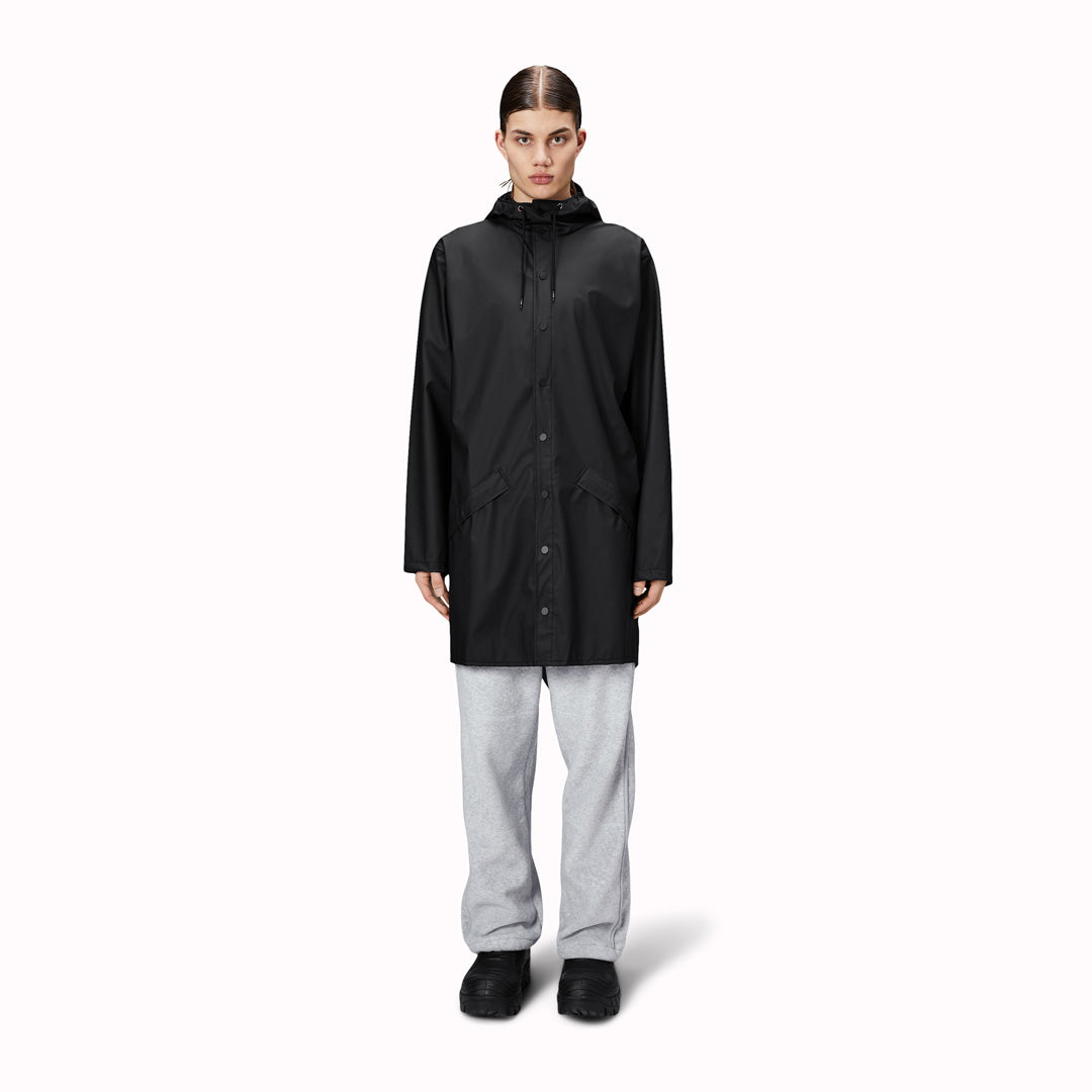 Contemporary unisex rain jacket from Danish Outerwear and Lifestyle company Rains. This long black rain jacket is c<span data-mce-fragment="1">haracterized by a minimal silhouette in a long design.</span>