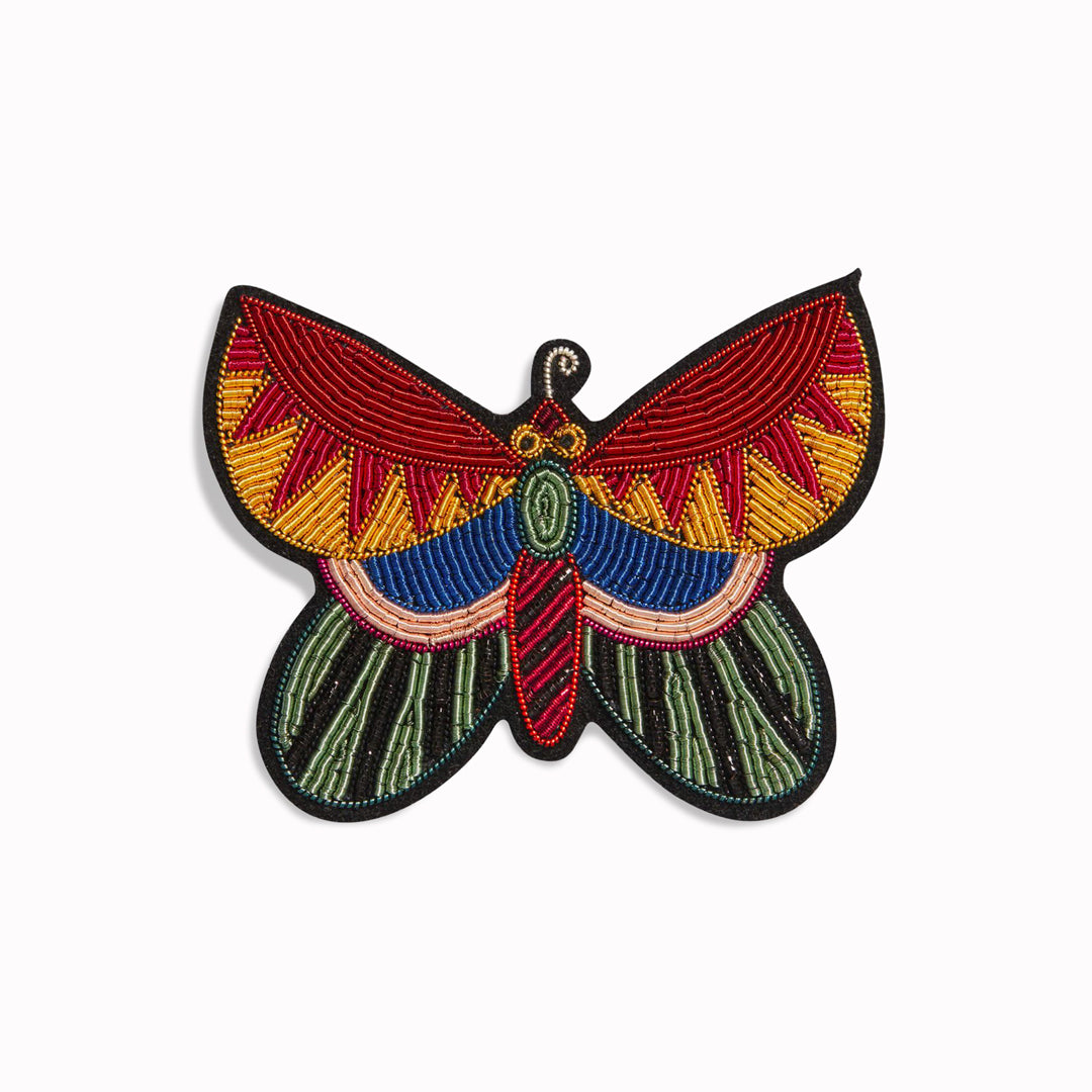 Hand-embroidered Butterfly lapel pin by Parisian fashion accessory brand Macon et Lesquoy. Measuring approximately 61mm by 49mm