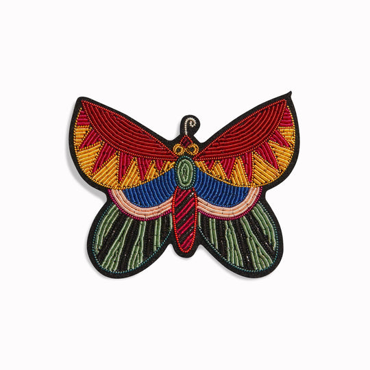 Hand-embroidered Butterfly lapel pin by Parisian fashion accessory brand Macon et Lesquoy. Measuring approximately 61mm by 49mm