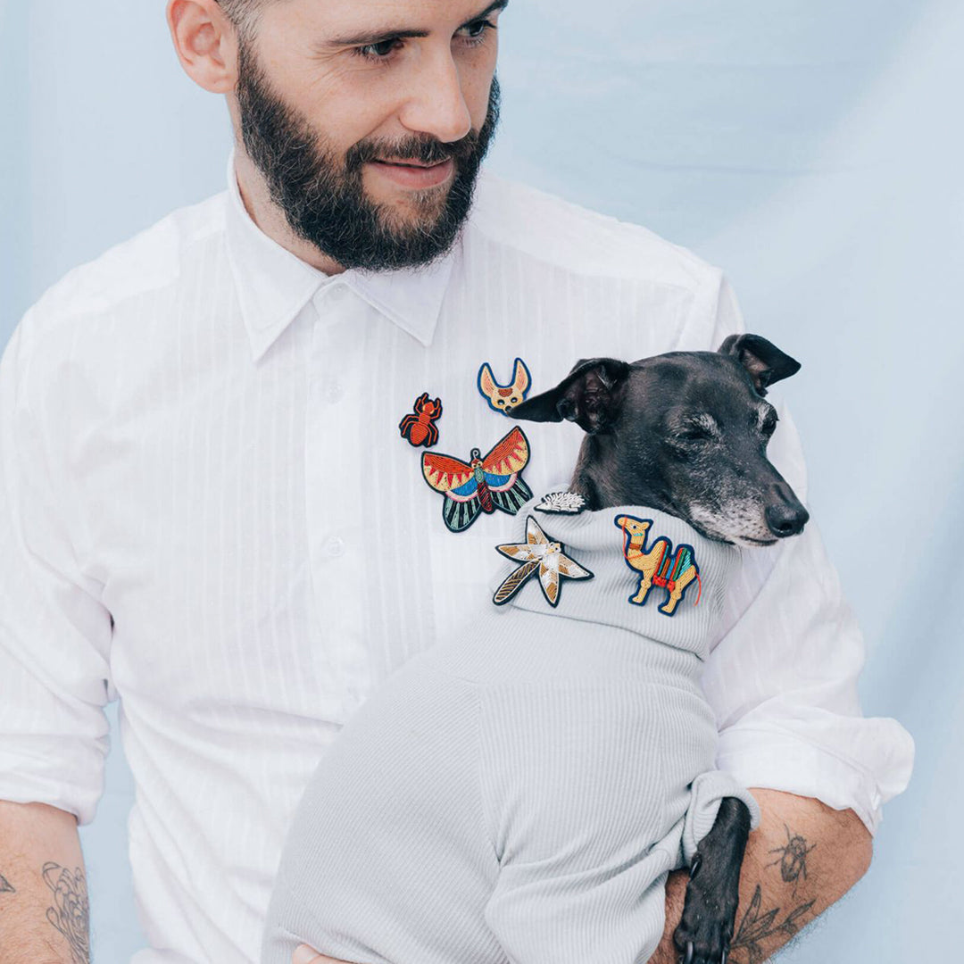 Hand-embroidered Butterfly lapel pin by Parisian fashion accessory brand Macon et Lesquoy. Measuring approximately 61mm by 49mm