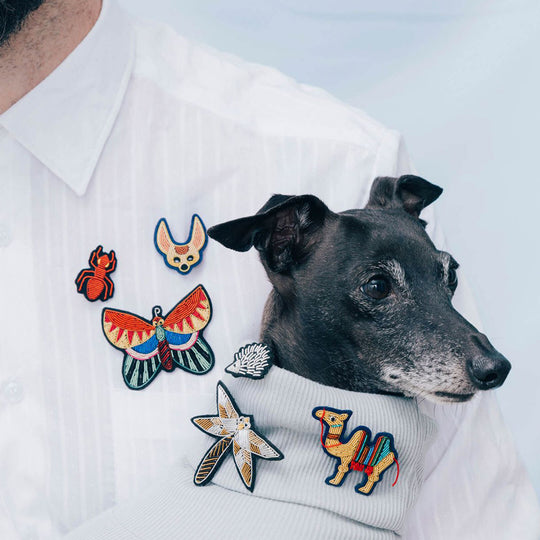 Hand-embroidered Butterfly lapel pin by Parisian fashion accessory brand Macon et Lesquoy. Measuring approximately 61mm by 49mm