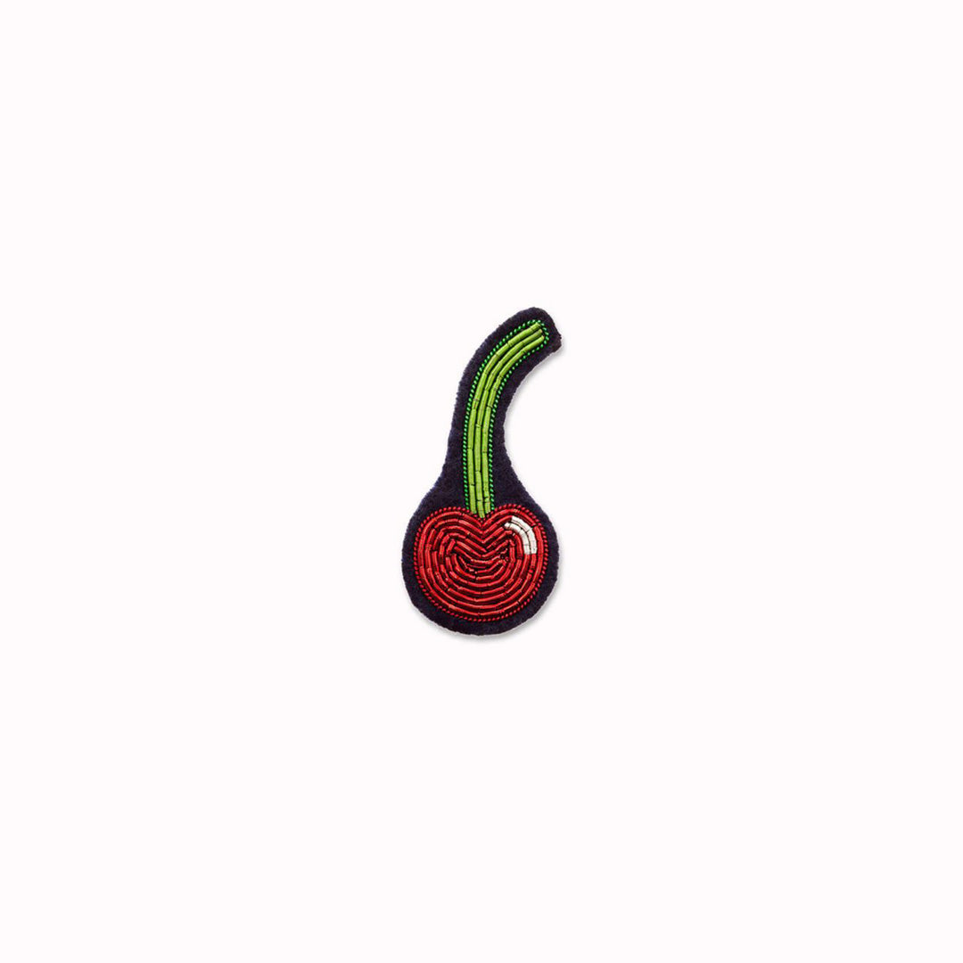 Cherry Chérie is a hand embroidered decorative brooch from Macon et Lesquoy - a cheeky cherry for your chérie. Personalise your favourite garments to define your individual style.