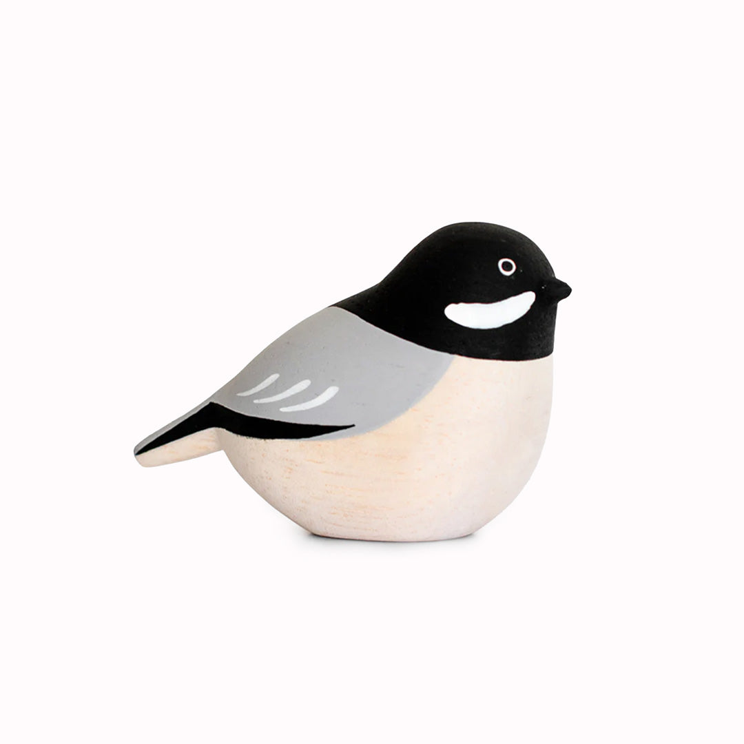 Adorable black headed Chickadee wooden bird from the Pole Pole Kotori collection by Japanese brand T-Lab.