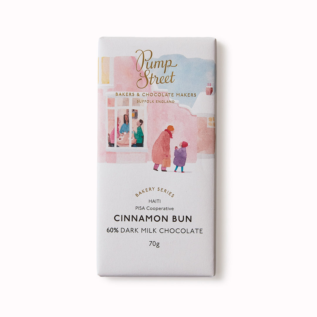 Christmas limited edition 60% dark milk chocolate bar embedded with fresh cinnamon bun pastry from Pump Street's Bakery Series.