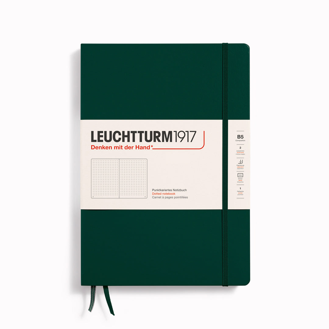 Dotted Composition Notebook from Leuchtturm1917, 2 page markers and a blank table of contents and numbered pages with gusseted rear pocket