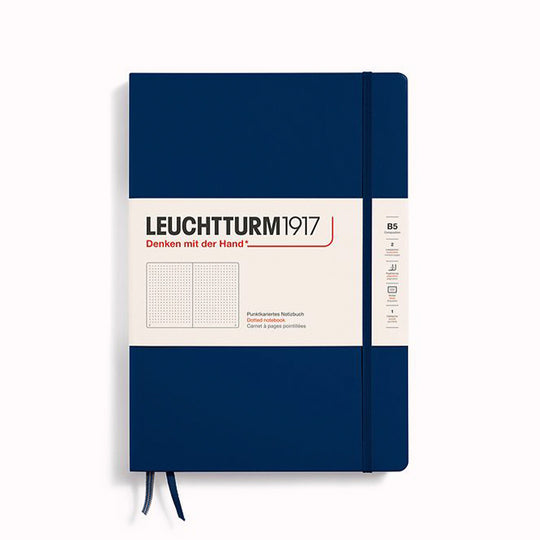 Navy Dotted Composition Notebook from Leuchtturm1917, 2 page markers and a blank table of contents and numbered pages with gusseted rear pocket