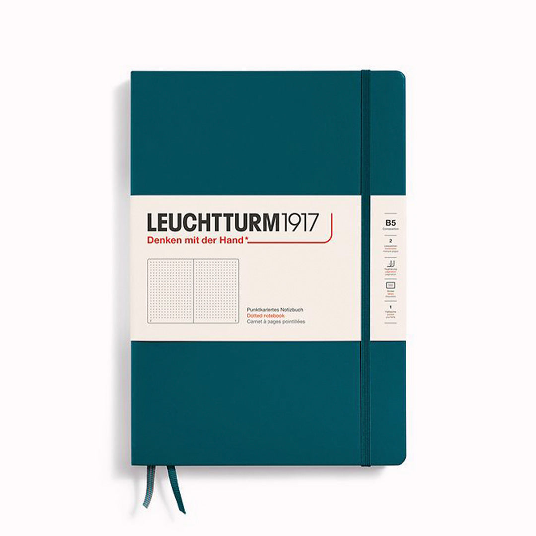 Pacific Green Dotted Composition Notebook from Leuchtturm1917, 2 page markers and a blank table of contents and numbered pages with gusseted rear pocket