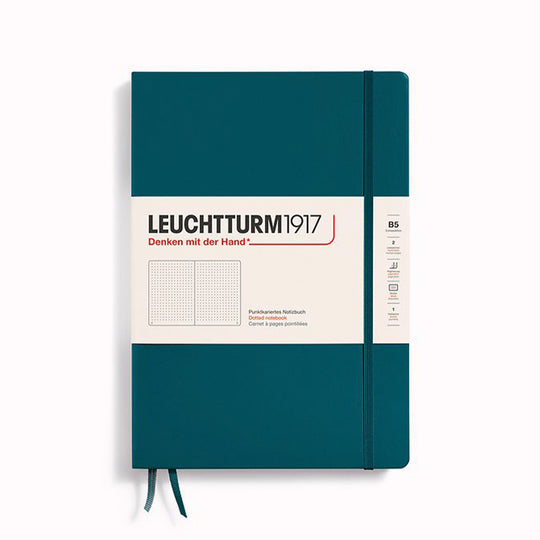 Pacific Green Dotted Composition Notebook from Leuchtturm1917, 2 page markers and a blank table of contents and numbered pages with gusseted rear pocket