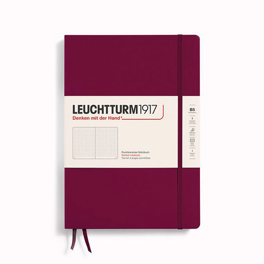 Port Red Dotted Composition Notebook from Leuchtturm1917, 2 page markers and a blank table of contents and numbered pages with gusseted rear pocket