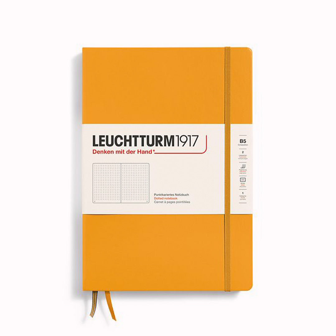 Rising Sun Dotted Composition Notebook from Leuchtturm1917, 2 page markers and a blank table of contents and numbered pages with gusseted rear pocket