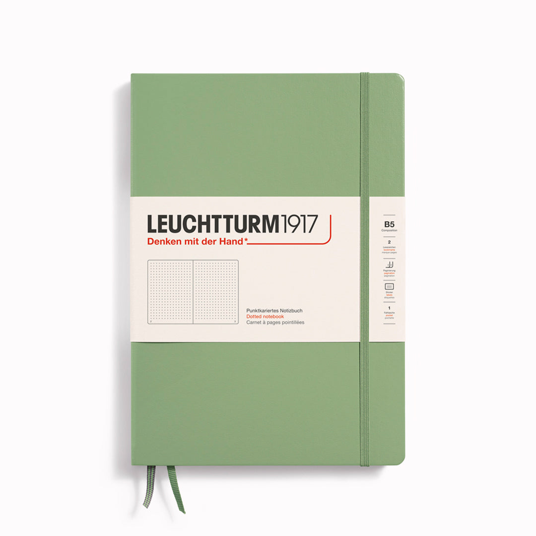 Dotted Composition Notebook from Leuchtturm1917, 2 page markers and a blank table of contents and numbered pages with gusseted rear pocket