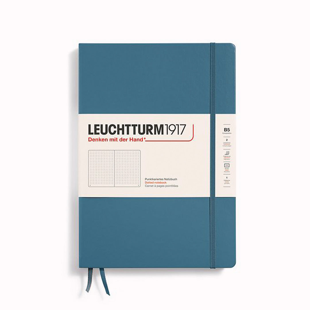 Stone Blue Dotted Composition Notebook from Leuchtturm1917, 2 page markers and a blank table of contents and numbered pages with gusseted rear pocket