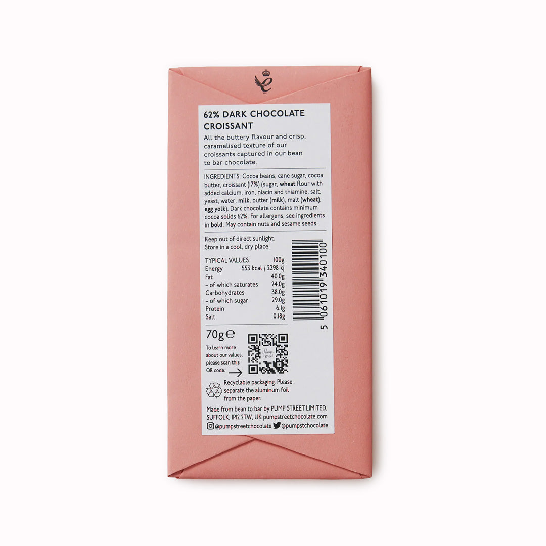 Croissant 62% Dark from Pump Street Choc. Rear of Packet