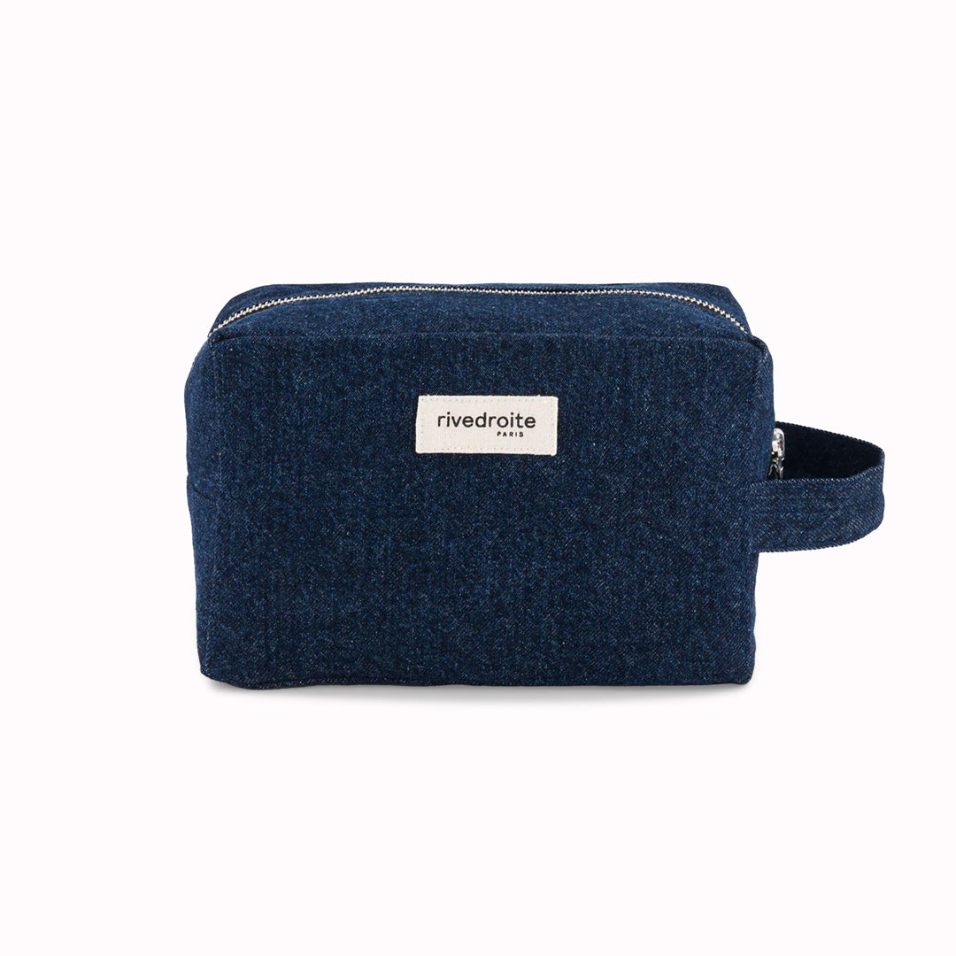 Denim Tournelles XL, A zippered pouch in a pleasing cube shape which is large enough for essential make up items on a weekend away.