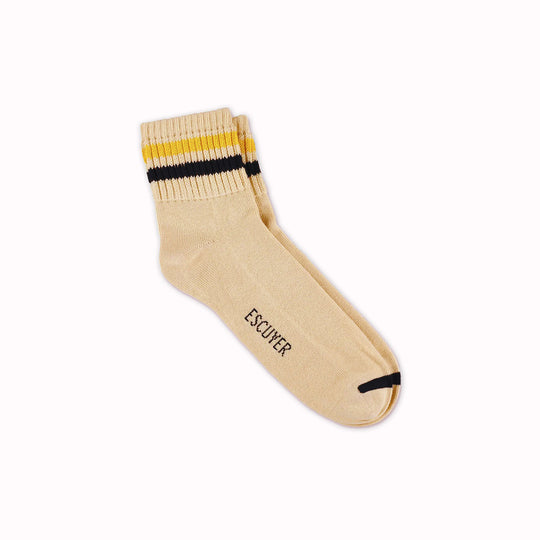 Ankle Crew Socks | Ecru With Yellow + Blue Stripes | UK Size 6-10.5