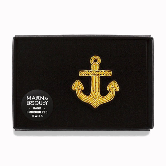 Hand-embroidered Golden Anchor lapel pin by Parisian fashion accessory brand Macon et Lesquoy. Measuring approximately 38mm by 30mm