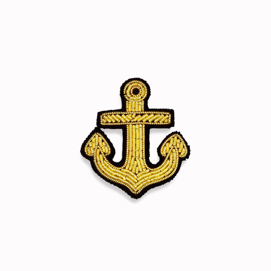 Hand-embroidered Golden Anchor lapel pin by Parisian fashion accessory brand Macon et Lesquoy. Measuring approximately 38mm by 30mm