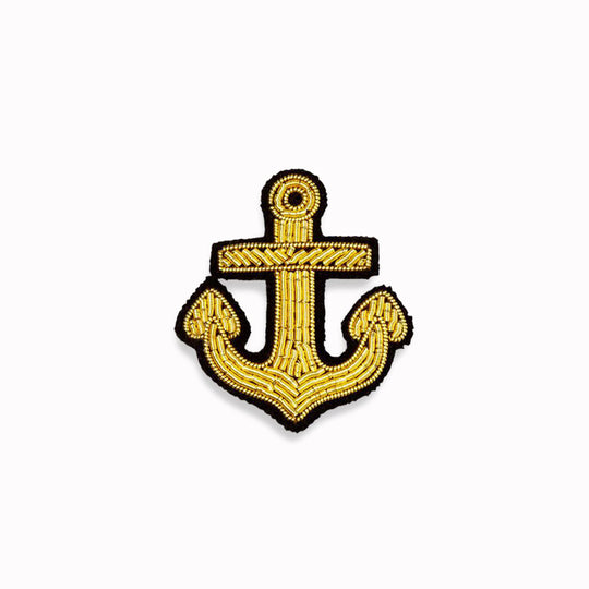 Hand-embroidered Golden Anchor lapel pin by Parisian fashion accessory brand Macon et Lesquoy. Measuring approximately 38mm by 30mm