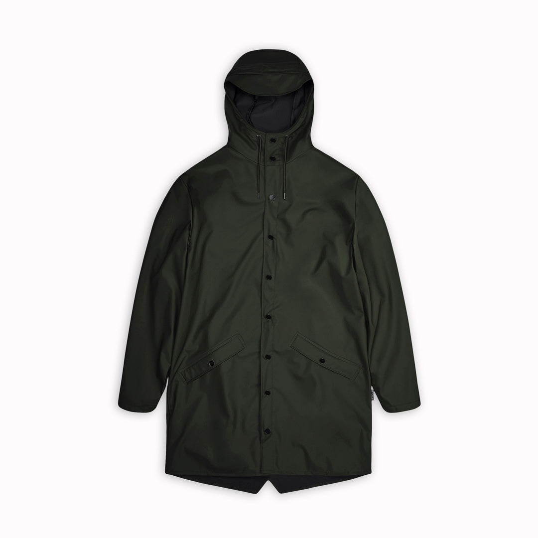 contemporary unisex rain jacket from Danish Outerwear and Lifestyle company Rains. This long green rain jacket is characterized by a minimal silhouette in a long design.