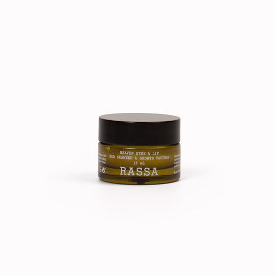 Small jar of Rassa Heaven Eye Lip Cream on a white background