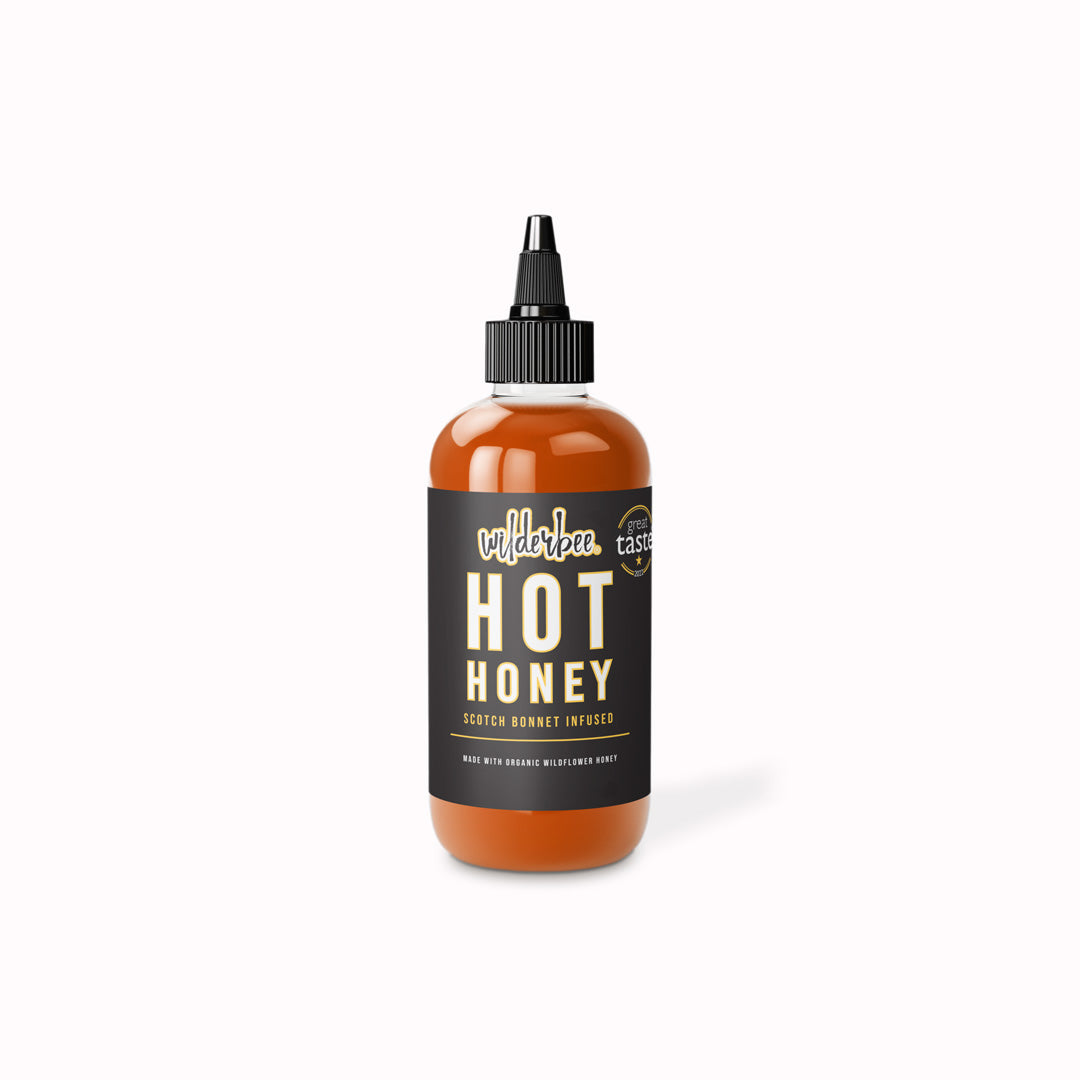WidlerBee's Hot Honey Sauce is produced with an ethically farmed, bee-friendly, organic wildflower honey, and infused with a fruity, fiery blend of sustainably grown fresh scotch bonnet chillies for a unique sweet and spicy condiment that won a Great Taste Award in 2022.