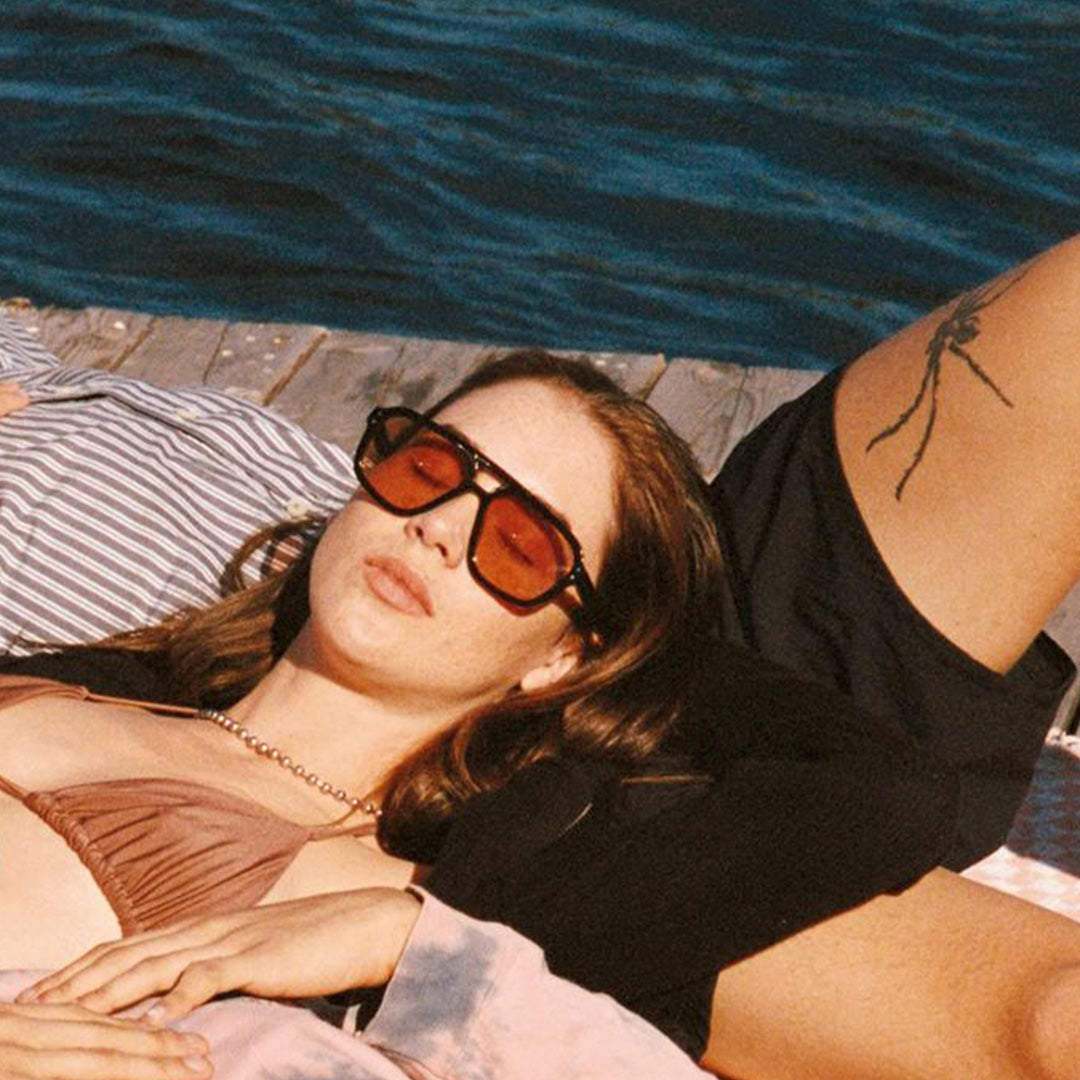 Lifestyle Image - Jet is a 70s inspired aviator frame, a quintessential icon of fashion, reflecting an era of bold statements and individual expression. These are handmade in biodegradable acetate