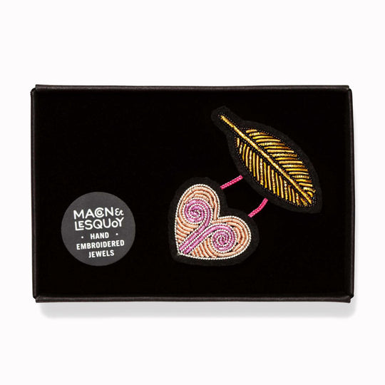 Hand-embroidered Light Heart lapel pin by Parisian fashion accessory brand Macon et Lesquoy. Measuring approximately 41mm by 46mm, the Light Heart is part of their 'Rock like an Egyptian' Collection.