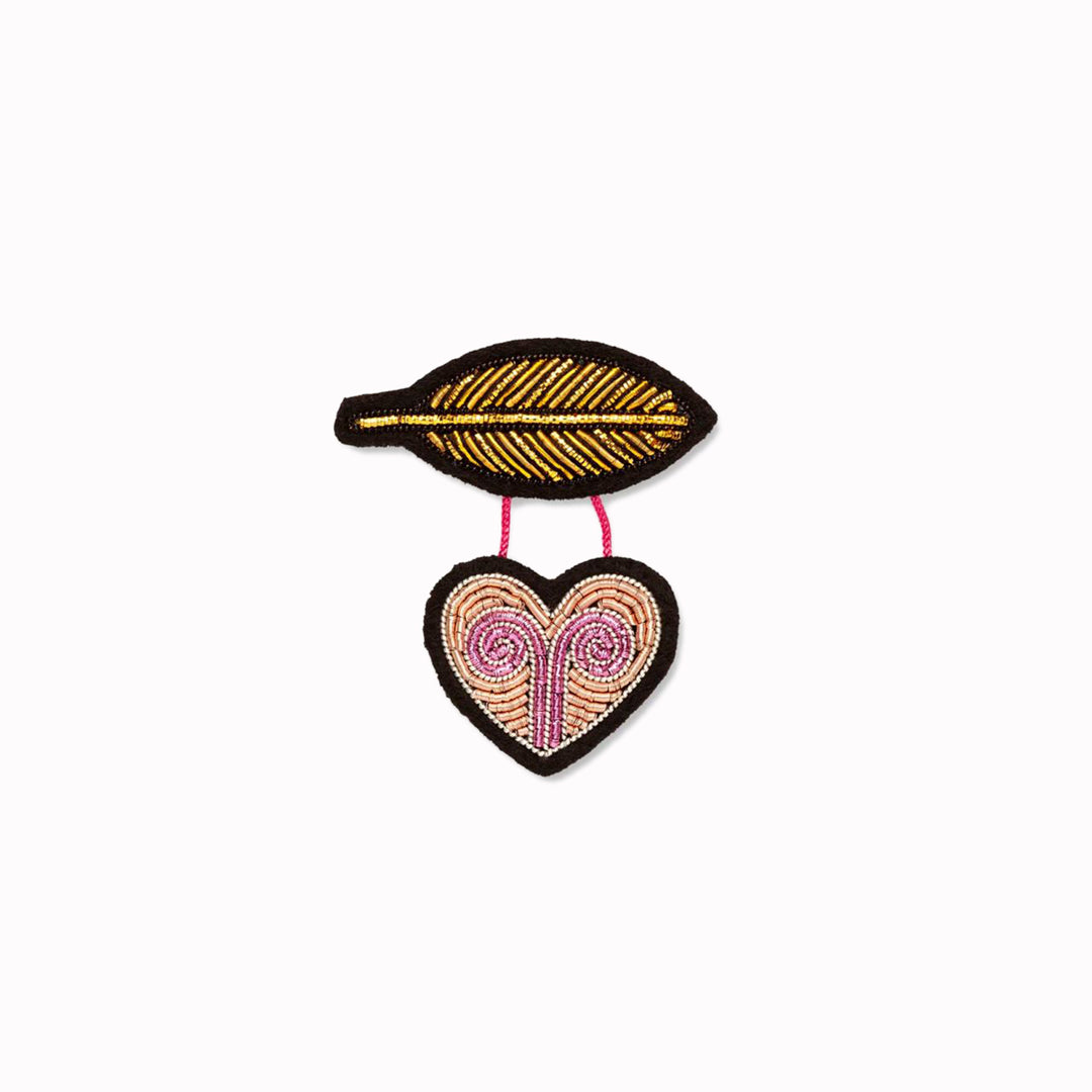 Hand-embroidered Light Heart lapel pin by Parisian fashion accessory brand Macon et Lesquoy. Measuring approximately 41mm by 46mm, the Light Heart is part of their 'Rock like an Egyptian' Collection.