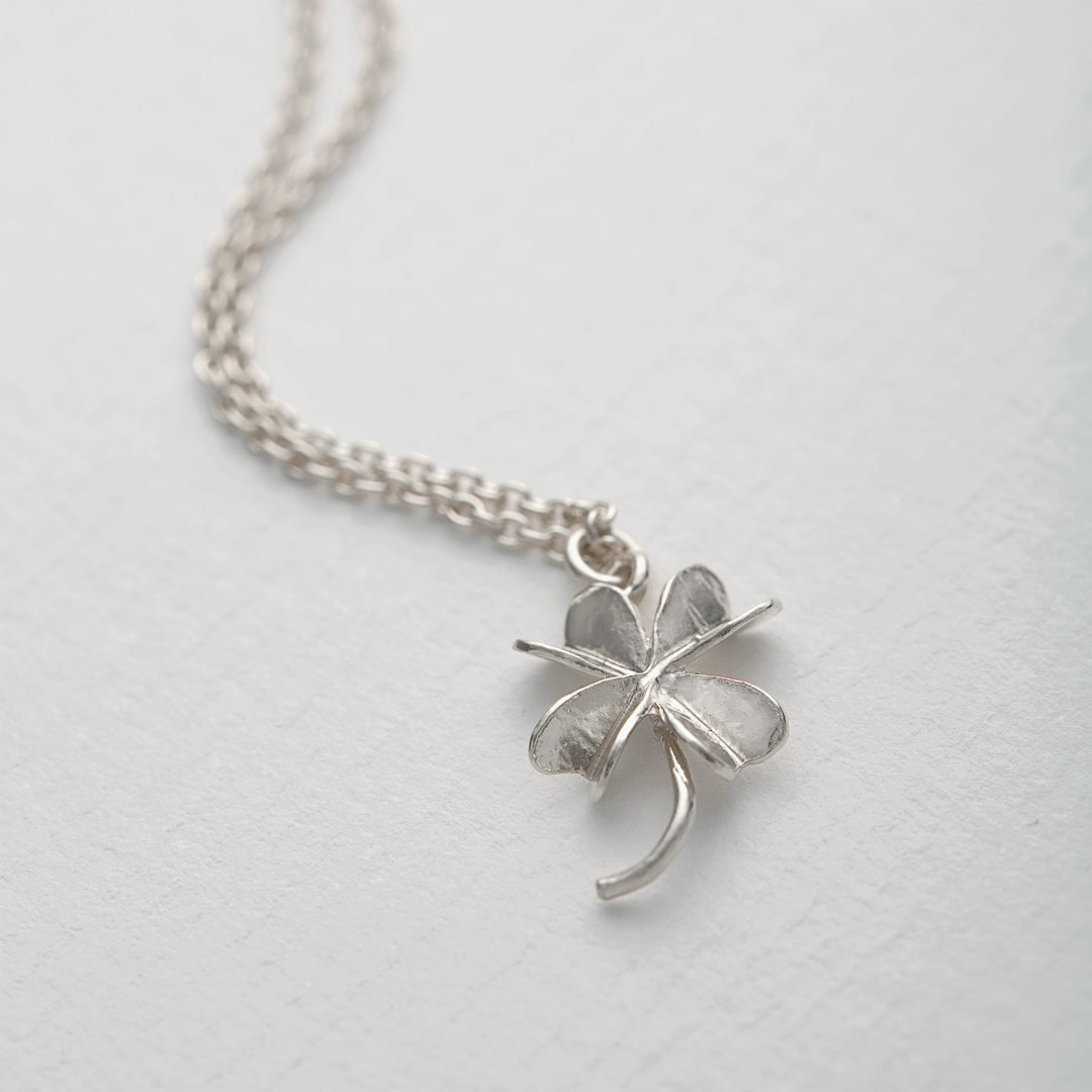 Lucky Clover is an elegant four leaf clover pendant necklace by London jeweller Alex Monroe, available in Sterling Silver or 22ct Fairmined Gold Plated silver.