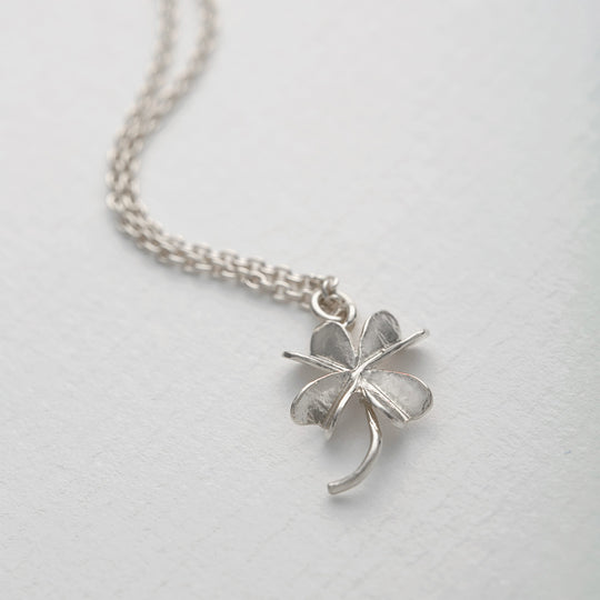 Lucky Clover is an elegant four leaf clover pendant necklace by London jeweller Alex Monroe, available in Sterling Silver or 22ct Fairmined Gold Plated silver.