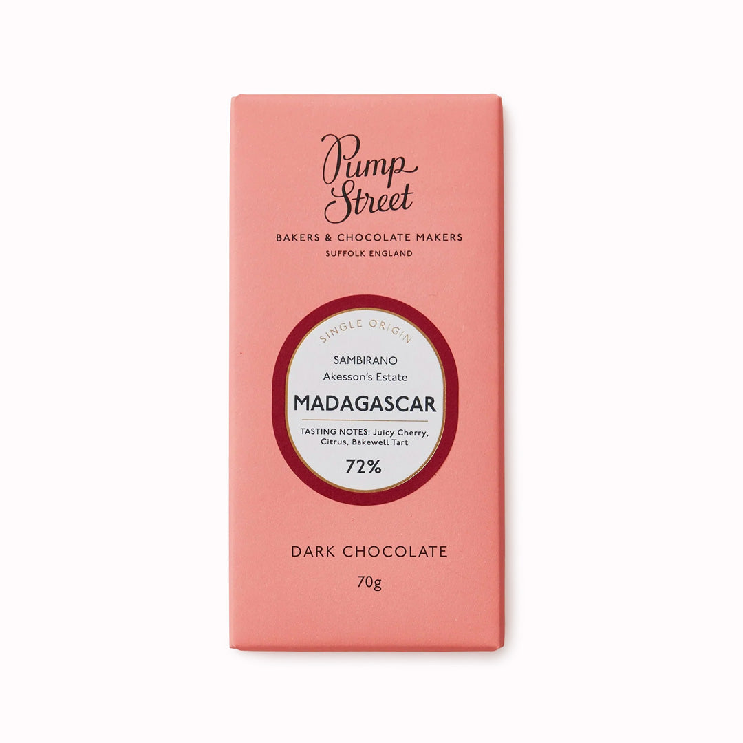 The Madagascar 72% dark chocolate bar is an exquisite and flavour packed chocolate, with high notes of citrus, and cherry Bakewell Tart.