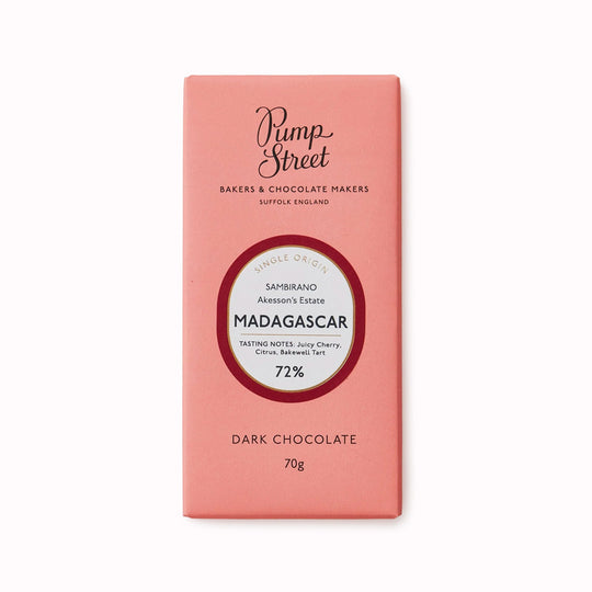 The Madagascar 72% dark chocolate bar is an exquisite and flavour packed chocolate, with high notes of citrus, and cherry Bakewell Tart.