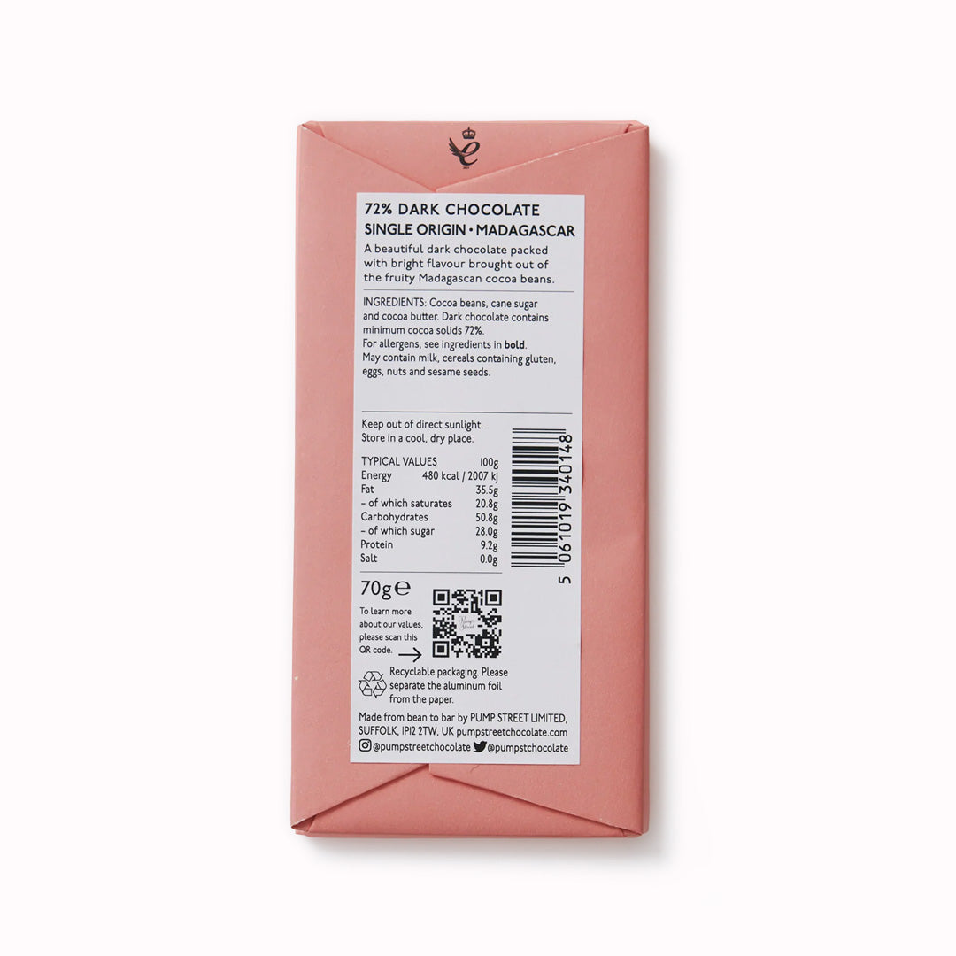 The Madagascar 72% dark chocolate bar is an exquisite and flavour packed chocolate, with high notes of citrus, and cherry Bakewell Tart.