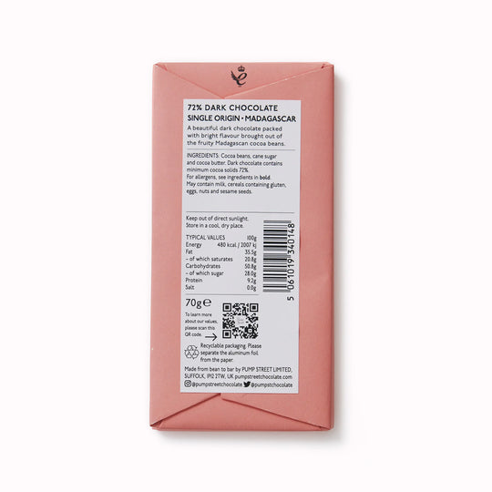 The Madagascar 72% dark chocolate bar is an exquisite and flavour packed chocolate, with high notes of citrus, and cherry Bakewell Tart.