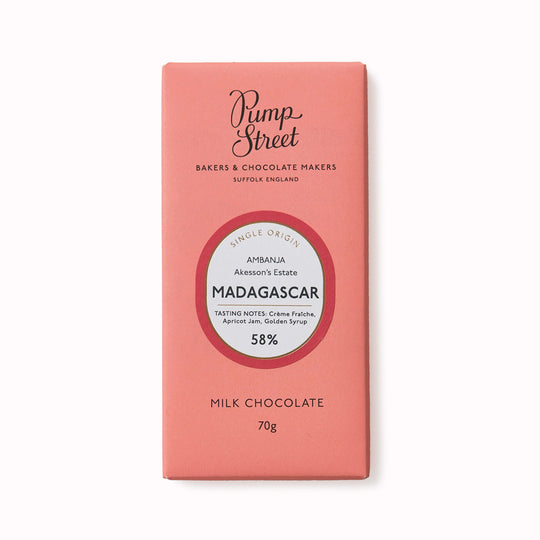 Madagascar Milk 58% bar is a creamy luxurious milk chocolate bar with notes of caramel and treacle and the zesty finish characteristic of Madagascan beans.
