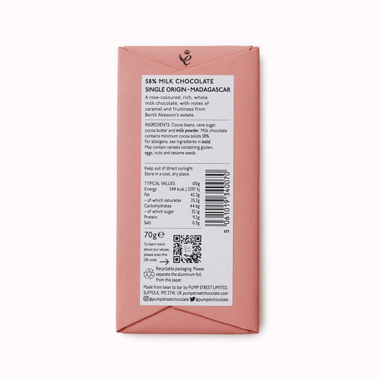 Madagascar Milk 58% bar is a creamy luxurious milk chocolate bar with notes of caramel and treacle and the zesty finish characteristic of Madagascan beans.