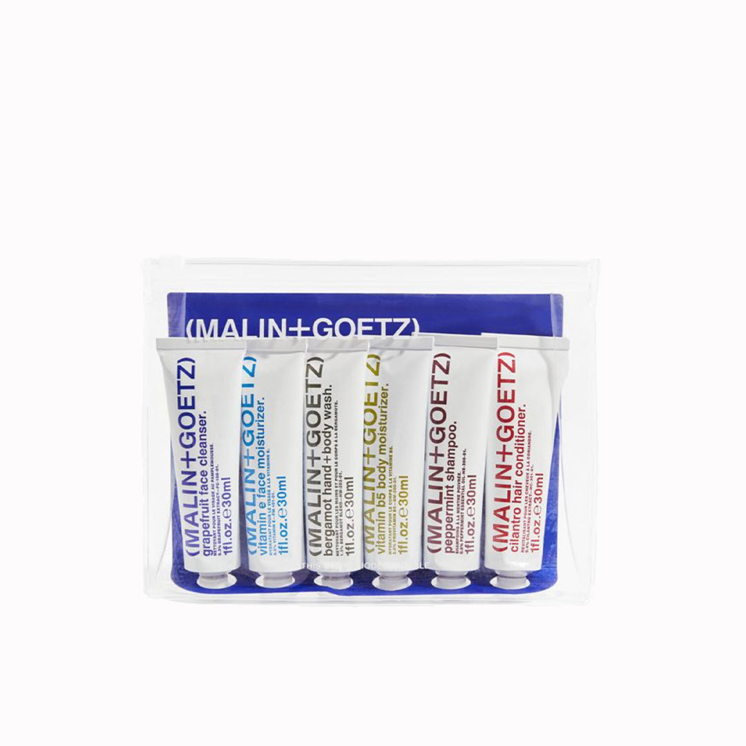 The Best Sellers Travel kit contains travel sized versions Malin+Goetz's essentials collection all in one convenient biodegradable bag. Covering each of the essential self care regime steps of Face + Body + Hair