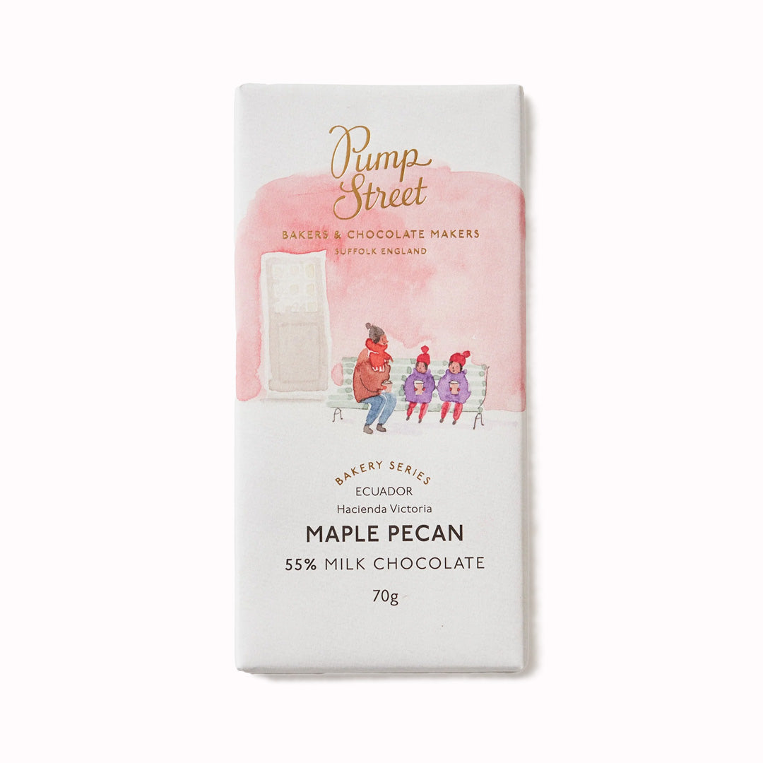 Christmas limited edition 55% milk chocolate bar with maple and pecan. Pump Street Baker use the flavours of their traditional Canadian butter tart in their newest Christmas Limited Edition craft chocolate bar.