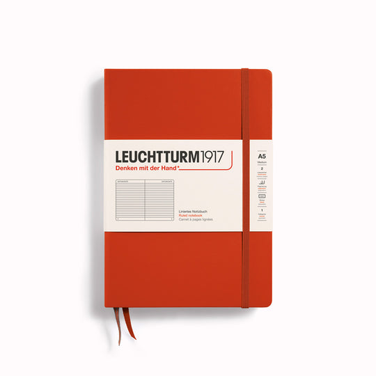 Fox Red A5 Lined Medium Notebook from Leuchtturm1917, includes Blank table of contents and numbered pages with a rear gusseted pocket