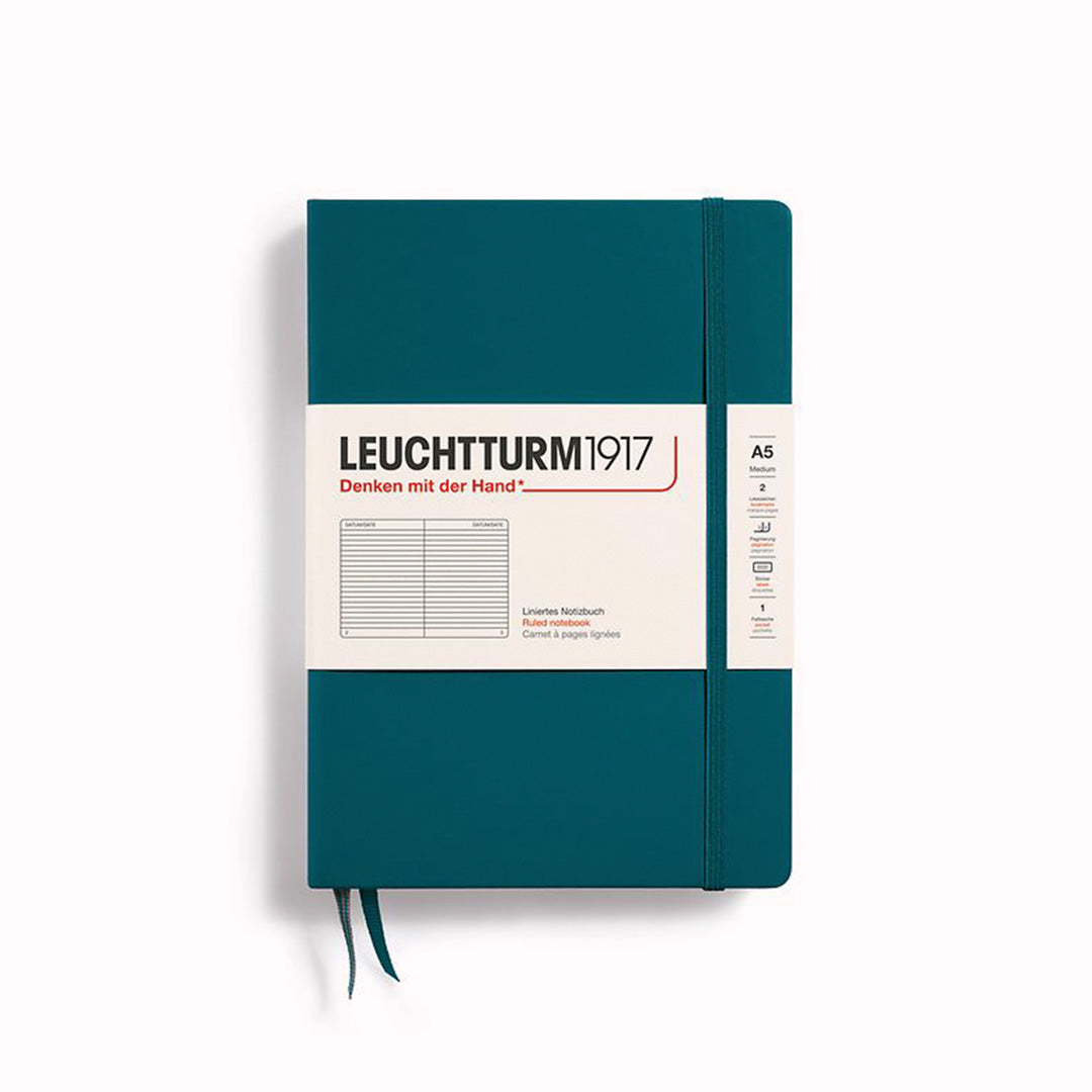 Pacific Green A5 Lined Medium Notebook from Leuchtturm1917, includes Blank table of contents and numbered pages with a rear gusseted pocket