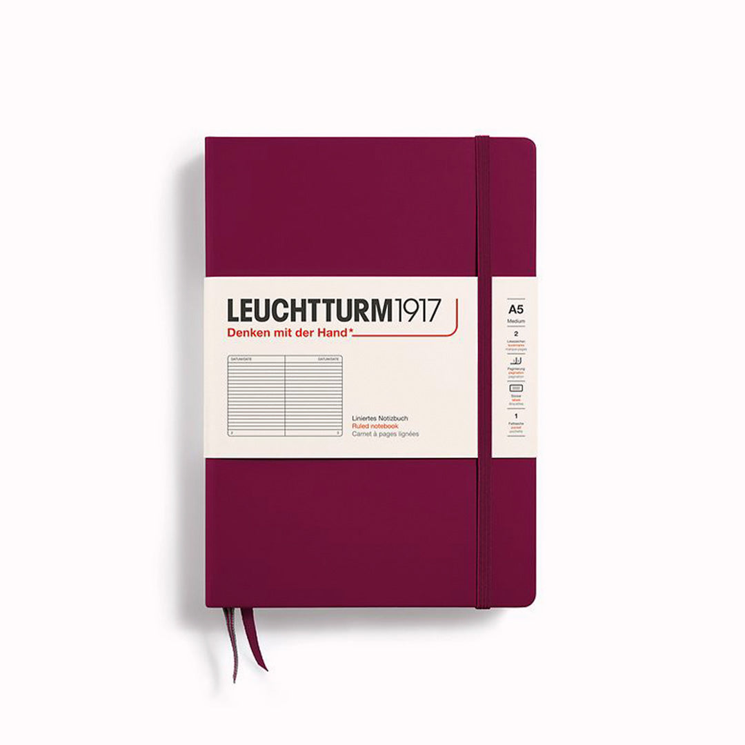 Port Red A5 Lined Medium Notebook from Leuchtturm1917, includes Blank table of contents and numbered pages with a rear gusseted pocket