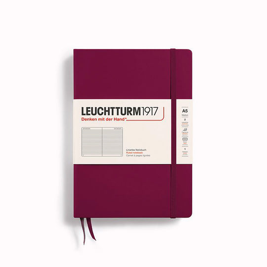 Port Red A5 Lined Medium Notebook from Leuchtturm1917, includes Blank table of contents and numbered pages with a rear gusseted pocket