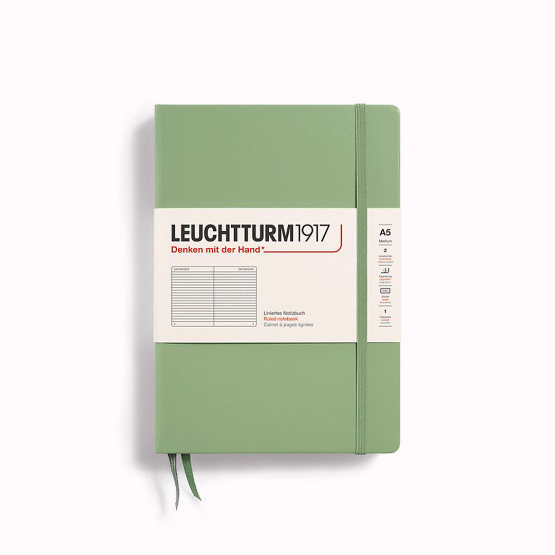 Sage A5 Lined Medium Notebook from Leuchtturm1917, includes Blank table of contents and numbered pages with a rear gusseted pocket