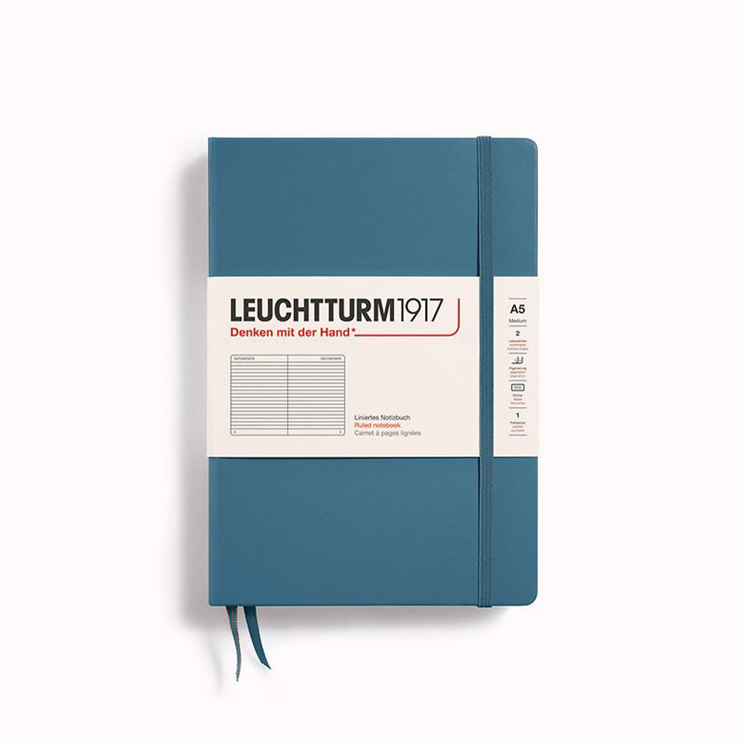 Stone Blue A5 Lined Medium Notebook from Leuchtturm1917, includes Blank table of contents and numbered pages with a rear gusseted pocket
