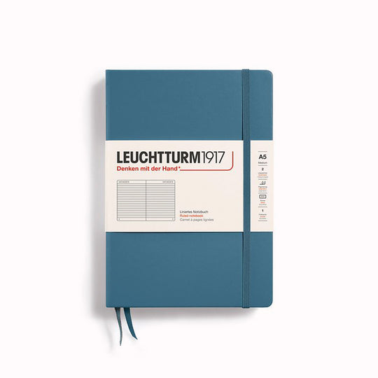 Stone Blue A5 Lined Medium Notebook from Leuchtturm1917, includes Blank table of contents and numbered pages with a rear gusseted pocket