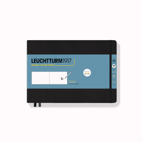 Medium Sketchbook features 112 pages of white acid-free paper for drawing, each with a gusseted pocket and a page marker.