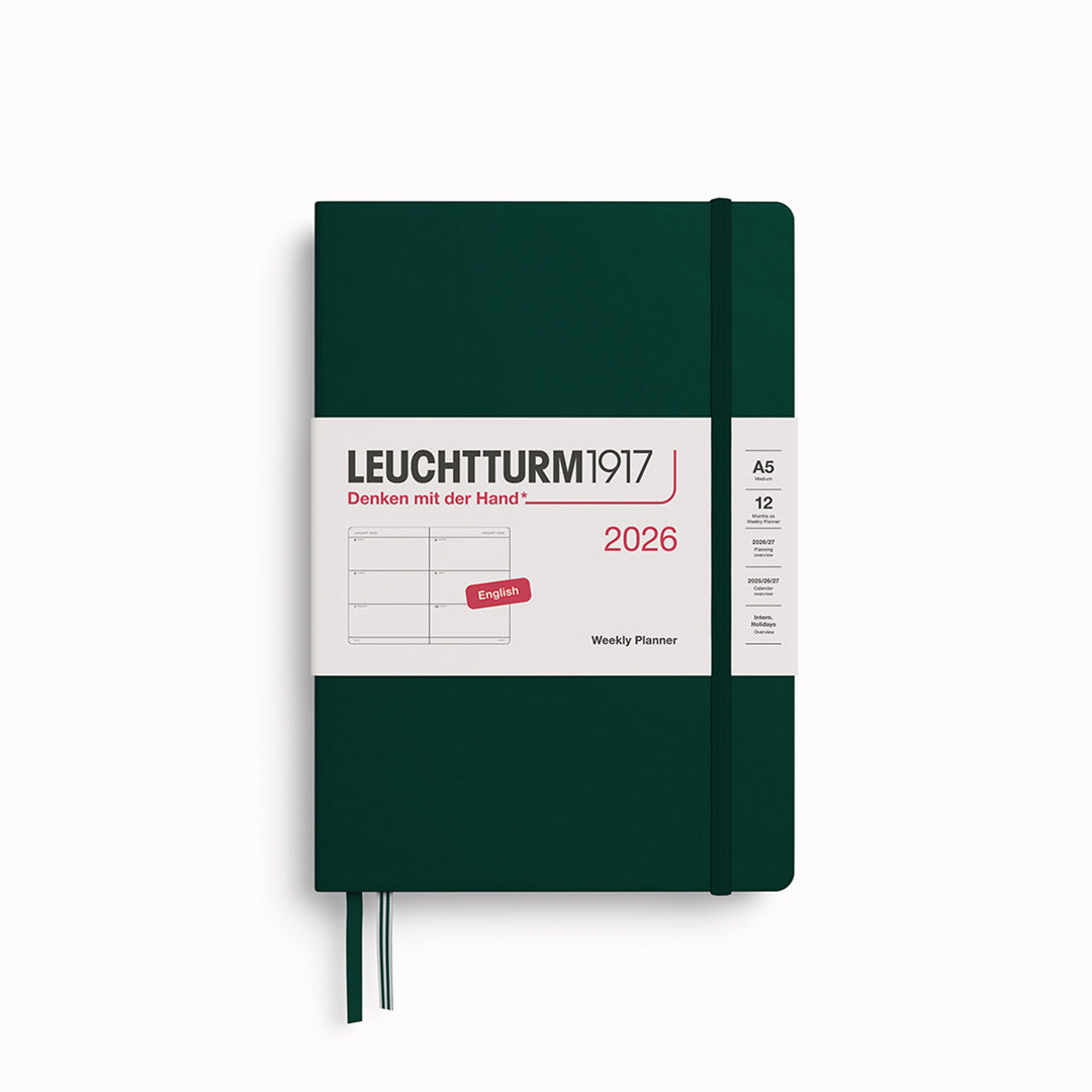 The Medium Weekly Planner 2026 by Leuchtturm1917 is A5 size and hardcover. It runs from January 2026-December 2026, is available in a choice of colours, and comes with a host of useful features