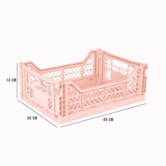 Dimensions for Midi Milk Tea Folding Crate from Aykasa. This crate is made from 100% recyclable material and can be folded flat when not in use. It's perfect for holding books, toys, clothes, or anything else you want to organise. 
